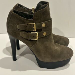 GUESS Olive  Suede Ankle Boots with Gold Buckles